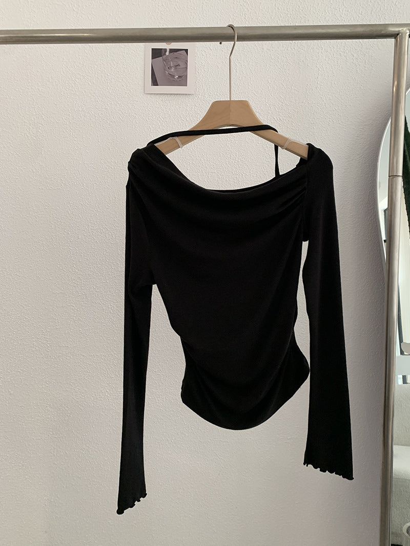 Shoulder Collar Solid Color Slim Fit Slimming Long Sleeves Inner Bottoming T-shirt