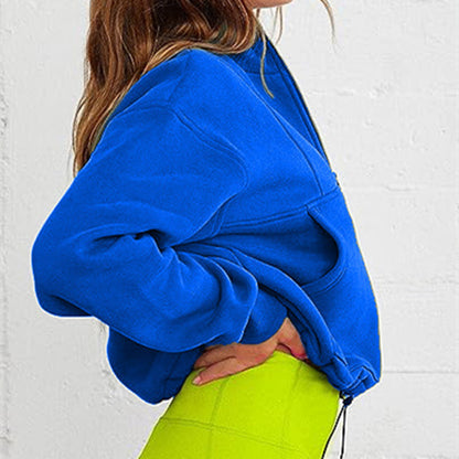 Women's Fashion Casual Stand Collar Half Zip Drawstring At Hem Brushed Hoody
