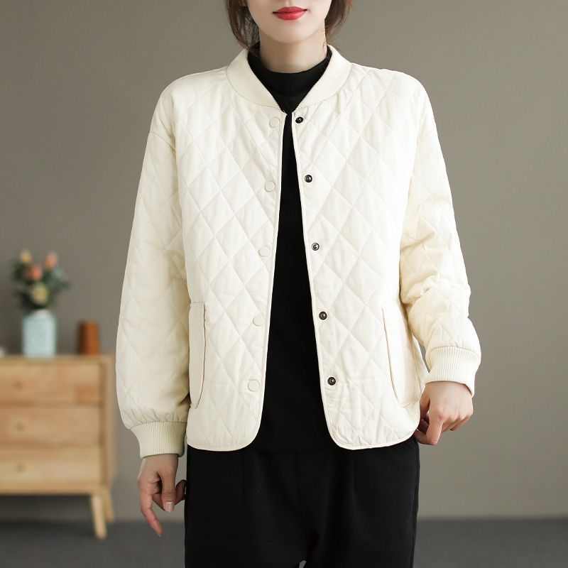 Baseball Collar Diamond Quilted Cotton Coat Loose Casual Cotton Jacket Tops For Women