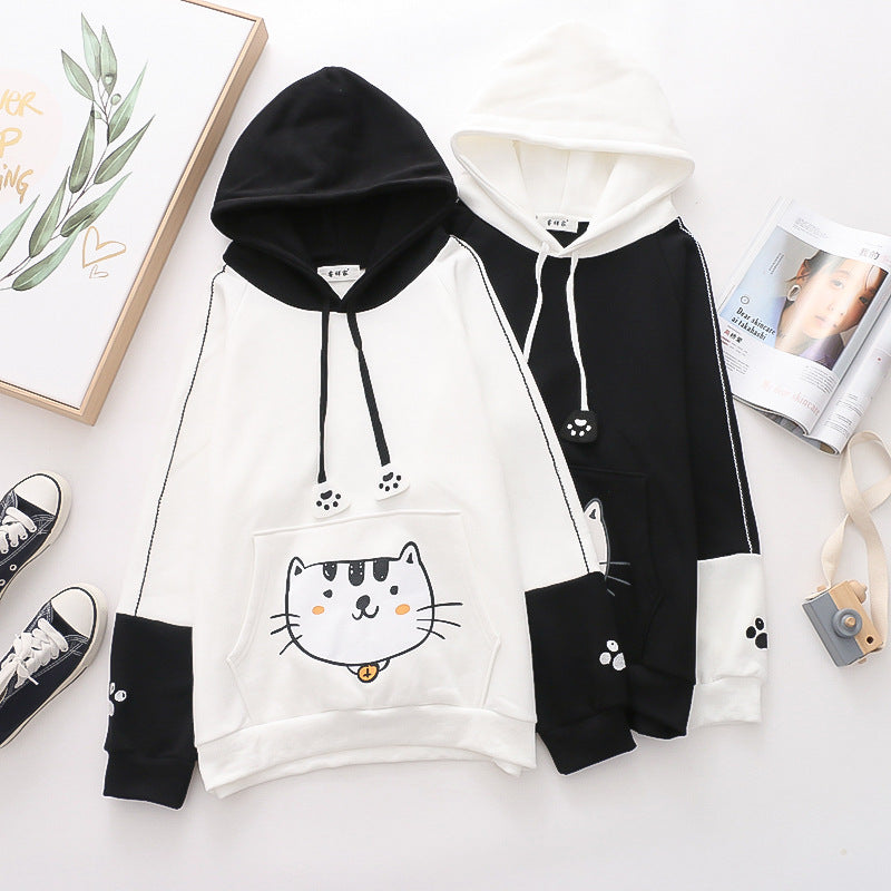 Color Matching Cap Long Sleeve Printing Cat And Fish Brushed Hoody Women's New Thickened Cotton Fleece Shirt