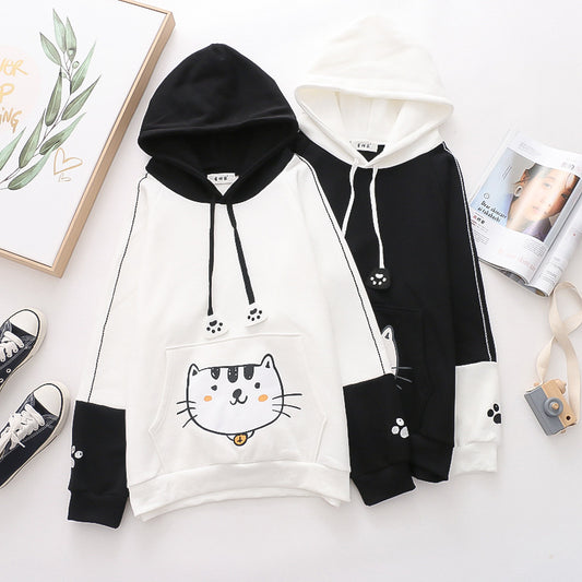 Color Matching Cap Long Sleeve Printing Cat And Fish Brushed Hoody Women's New Thickened Cotton Fleece Shirt
