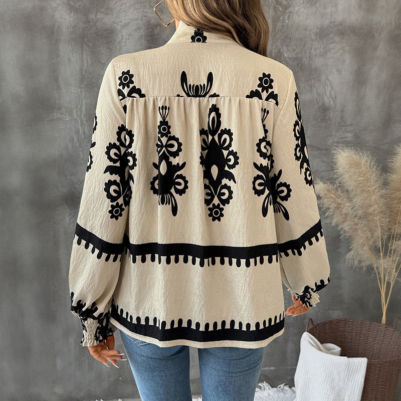 Stand Collar Retro Ethnic Print Long Sleeve Shirt