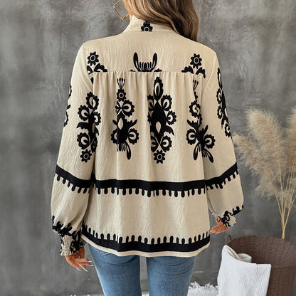 Stand Collar Retro Ethnic Print Long Sleeve Shirt
