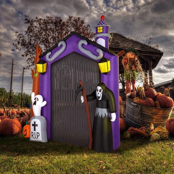 9.8 FT Halloween Inflatables Haunted House Castle Archway Outdoor Decorations, Scary Halloween Giant Grim Reaper Blow Up Ghost Decorations For Holiday Party Front Yard Lawn Garden Decor