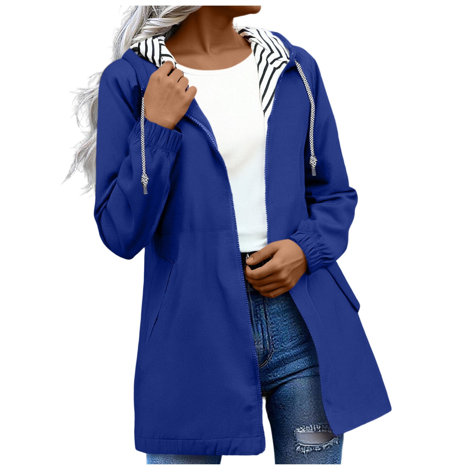 Long-sleeved Splash-proof Long Windbreaker For Women With Hooded Raincoat, Large Size, Striped Lining