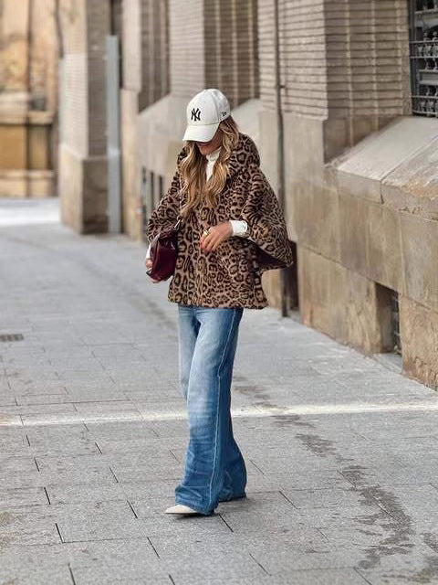 Women's Leopard Print Hooded Fur Coat With Zipper Comfortable Loose Autumn And Winter
