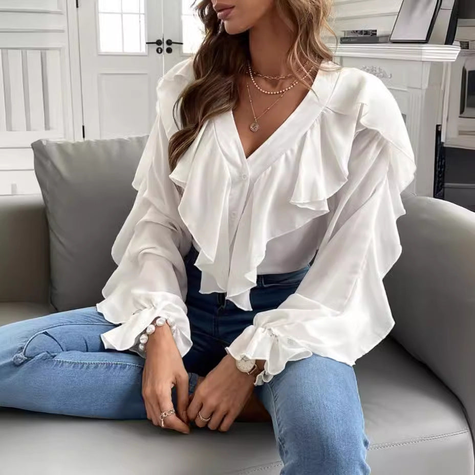 Women's SpringSummer V-neck Flounce Top