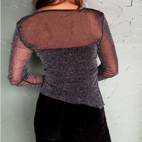 Black Metallic Glitter Mesh Long Sleeve Top