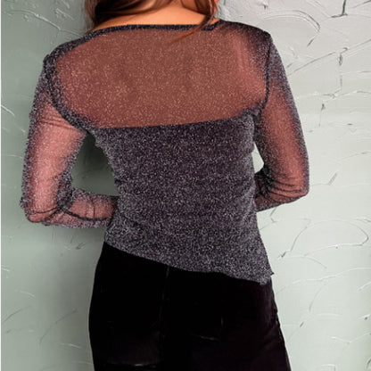 Black Metallic Glitter Mesh Long Sleeve Top