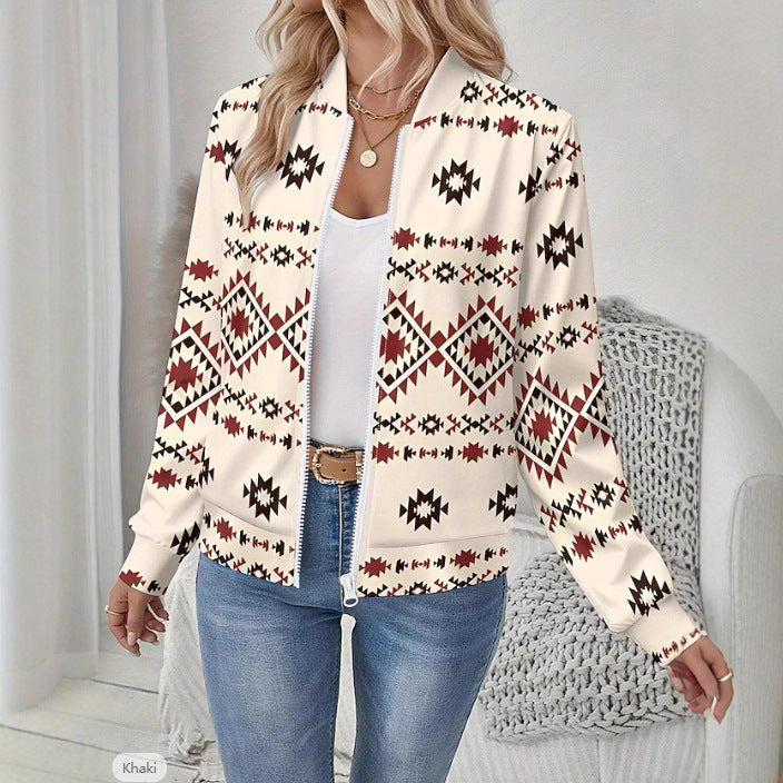 Autumn Printed Cardigan Women's Casual Baseball Jacket