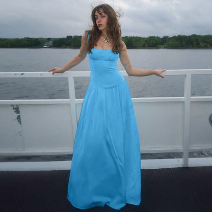 Off-neck Pleated Stitching High Waist Slimming Solid Color Sling Dress