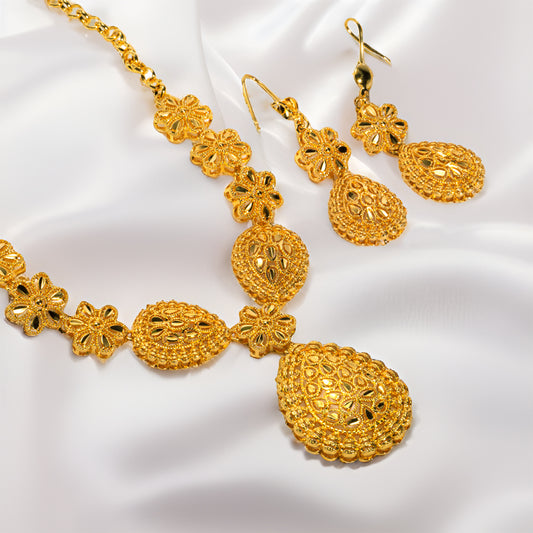 24K Gold Plated Bridal Necklace Two-piece Earrings Set India Dubai
