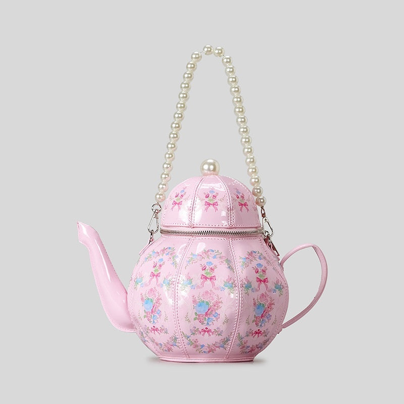 Sweet Girl Vintage Pearl Chain Printing Teapot Handbag