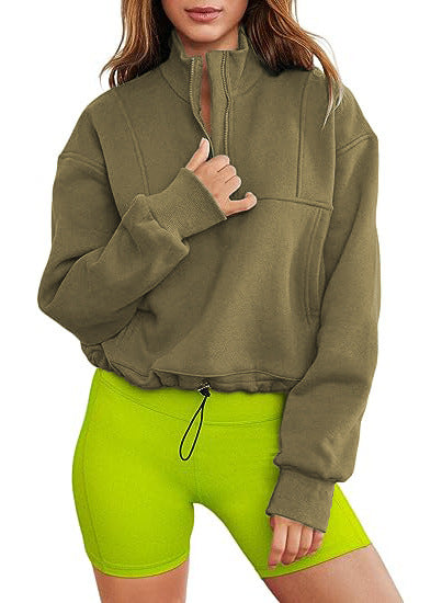 Women's Fashion Casual Stand Collar Half Zip Drawstring At Hem Brushed Hoody