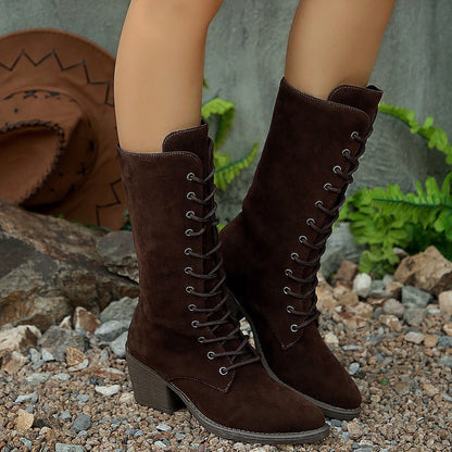 Mid-calf Fashion Suede Lace-up Pointed Chunky Heel Women's Boots