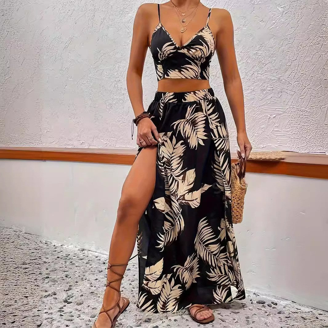 Summer New Suspender High Slit Mid-length Dress Set Women