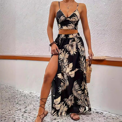 Summer New Suspender High Slit Mid-length Dress Set Women