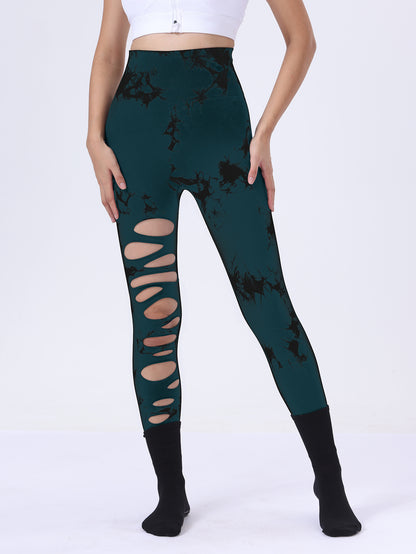 7 Pack Wholesale Fashion Women Sports Yoga High Waist Tie Dye Print Ripped Hollow Leggings Pants