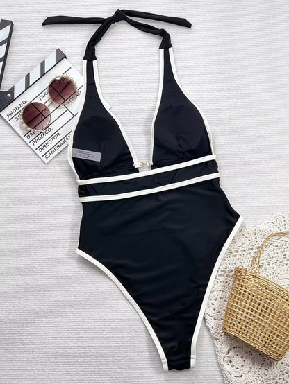 Sexy Bikini Jumpsuit Suspender Deep V Black And White Cross Thin Swimsuit