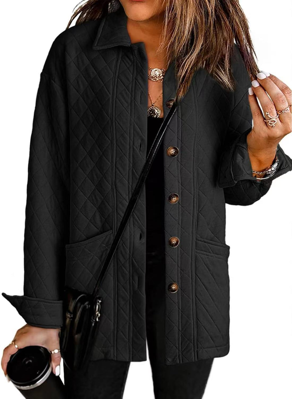 Women's Casual Quilted Jacket Button Long Sleeve Shirt With Pocket Coat