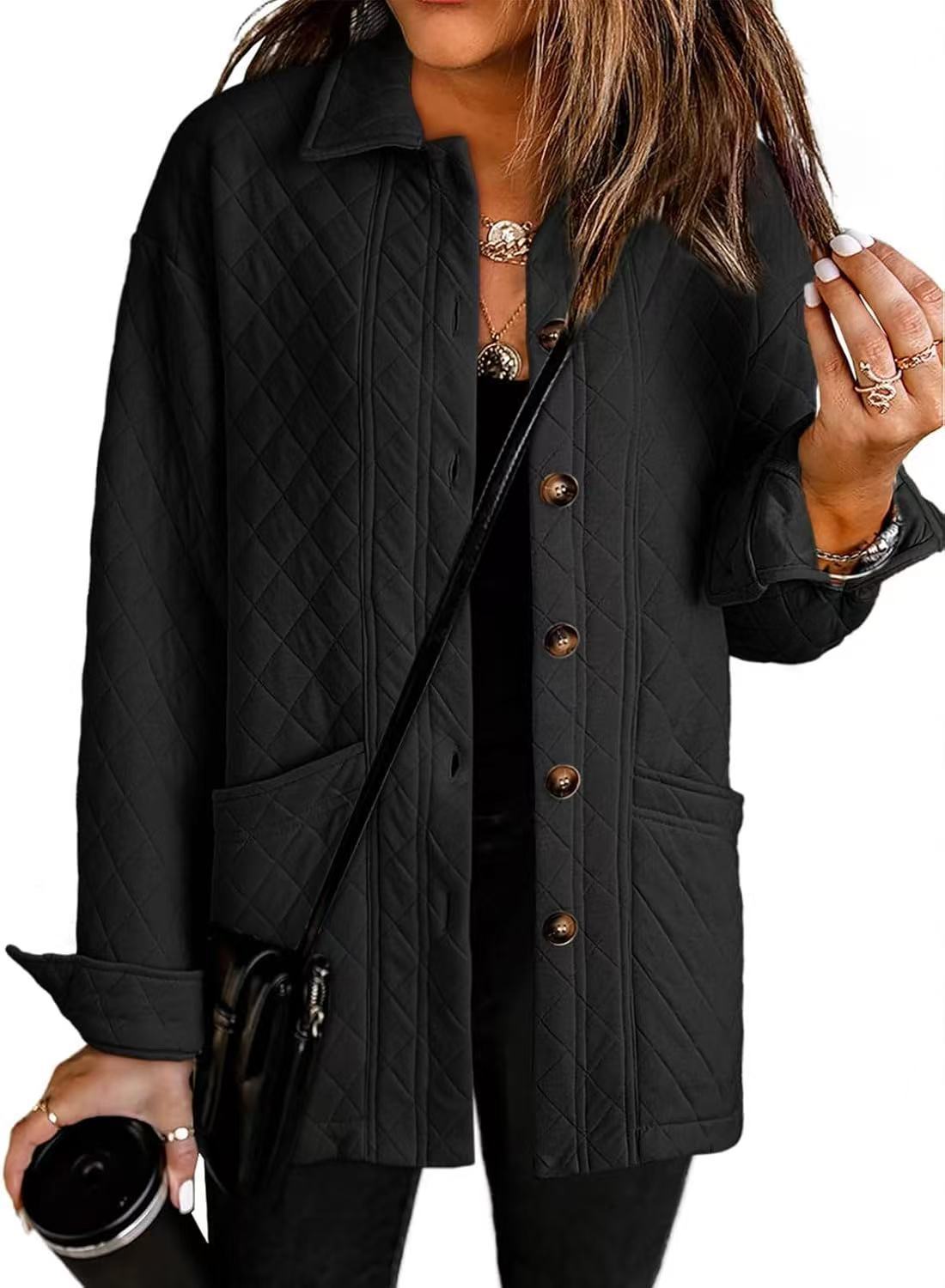 Women's Casual Quilted Jacket Button Long Sleeve Shirt With Pocket Coat