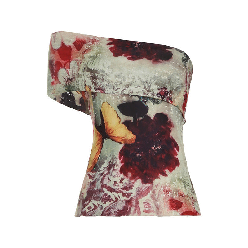 Fashion Sexy Slim Retro Floral Contrast Color Off-neck Short Sleeve T-shirt