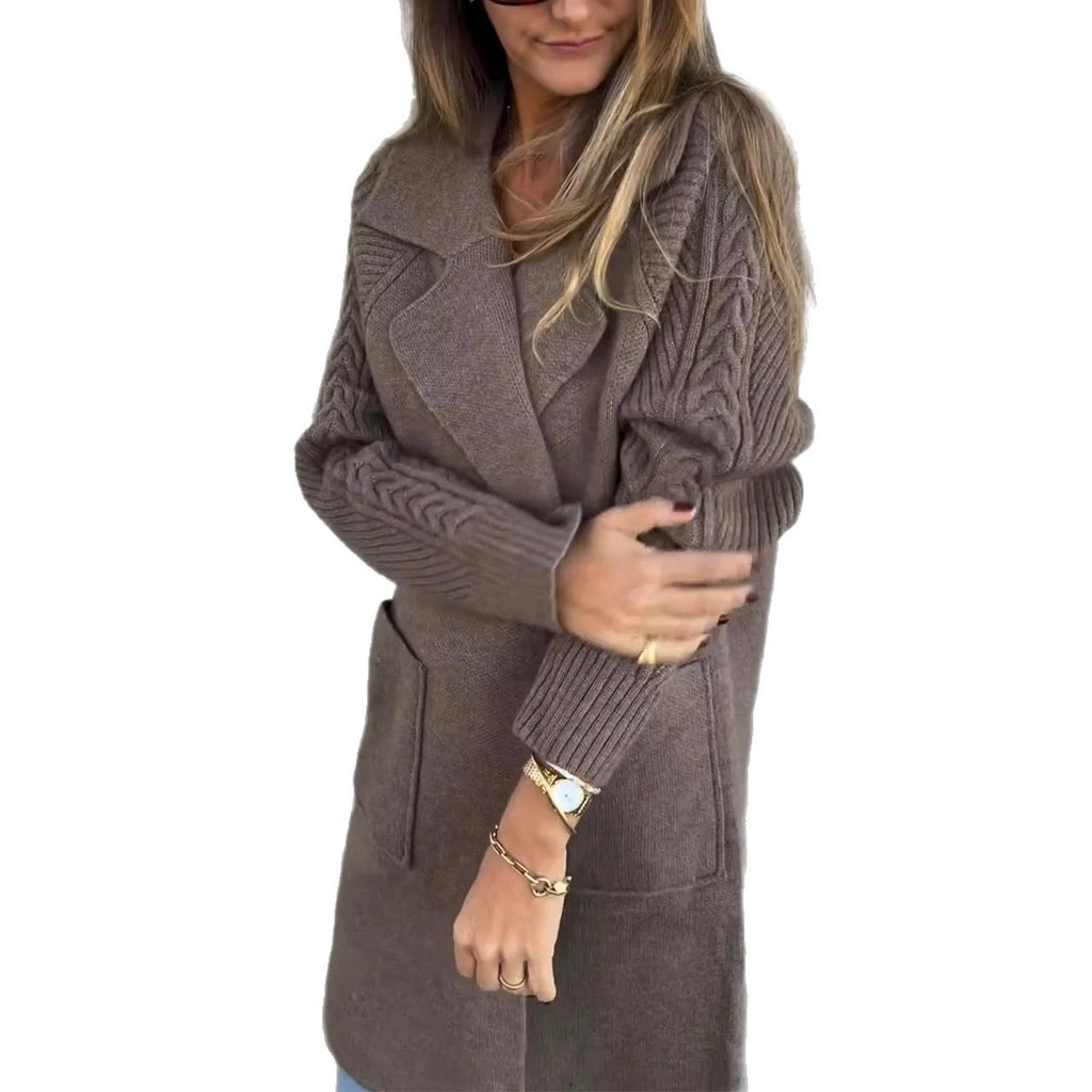 Women's Twist Knit Stitching Lapel Large Coat