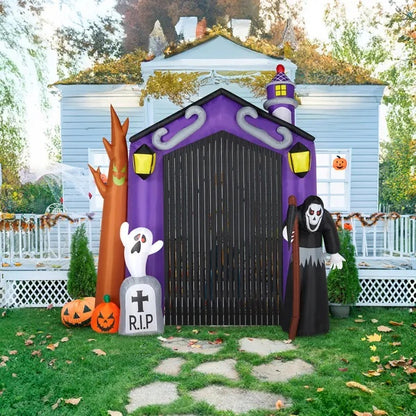 9.8 FT Halloween Inflatables Haunted House Castle Archway Outdoor Decorations, Scary Halloween Giant Grim Reaper Blow Up Ghost Decorations For Holiday Party Front Yard Lawn Garden Decor