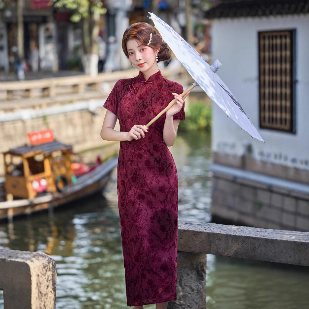 Wearable Flocking Red Small Flower Mid-length Cheongsam Women's Short Sleeve Retro