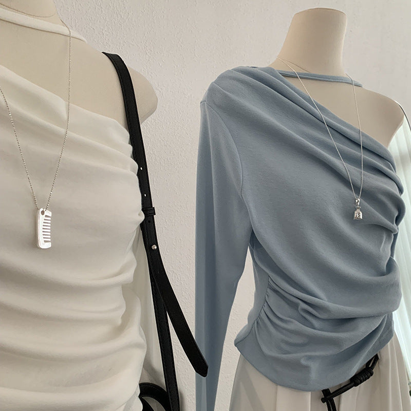 Shoulder Collar Solid Color Slim Fit Slimming Long Sleeves Inner Bottoming T-shirt