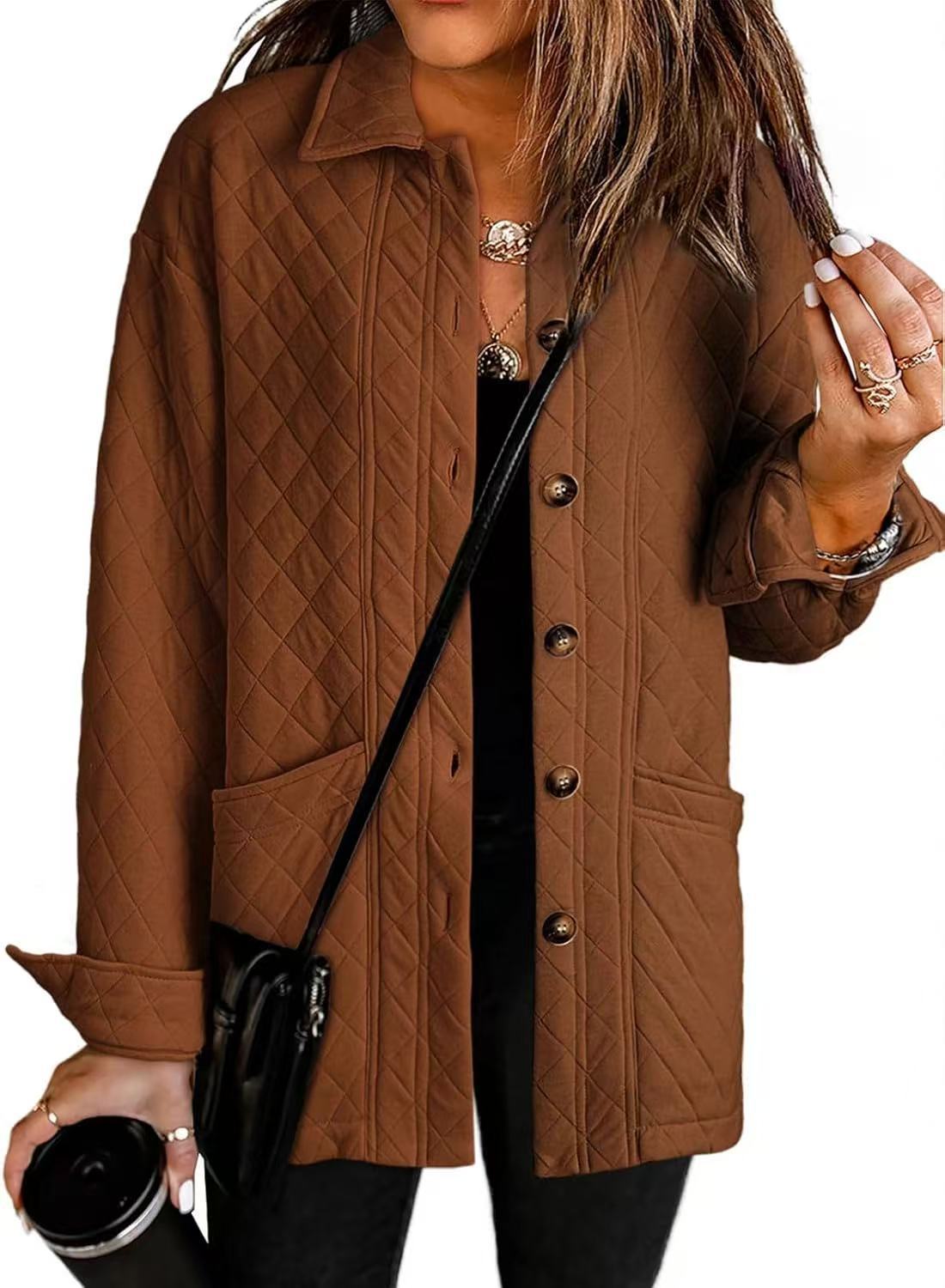 Women's Casual Quilted Jacket Button Long Sleeve Shirt With Pocket Coat