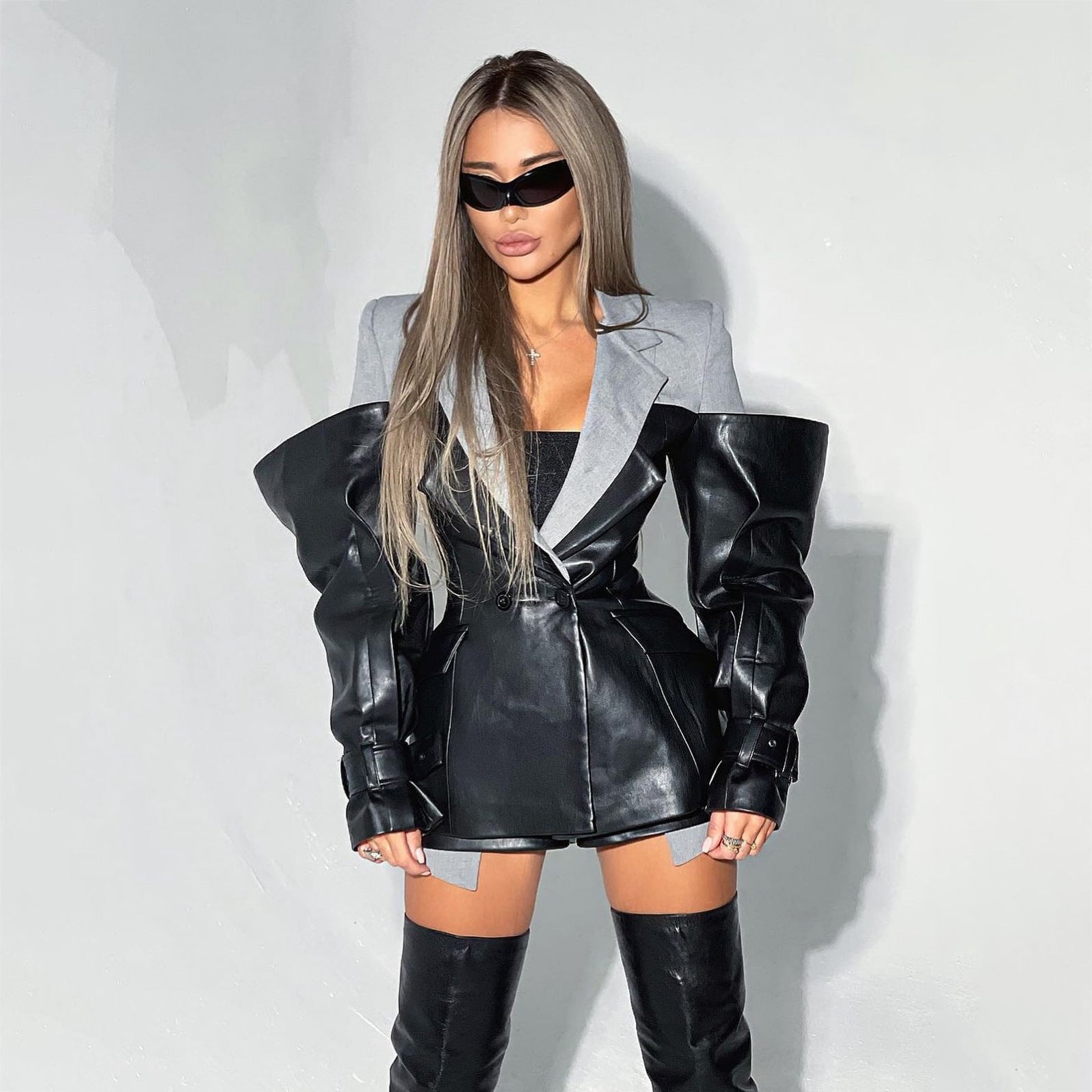 Leather Stitching Suit Jacket For Women Autumn And Winter New Advanced