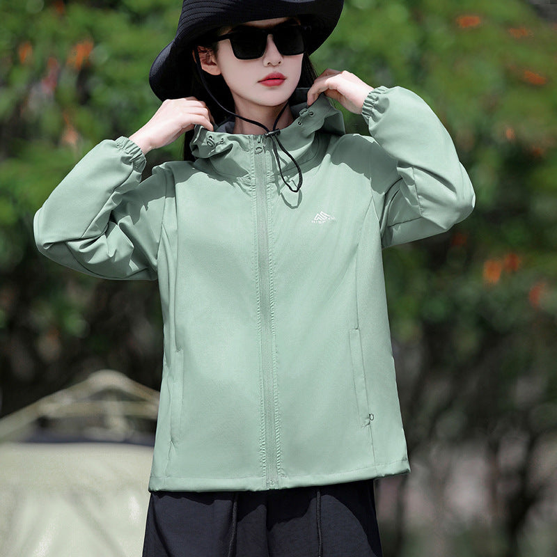 Women's New Style All-match Solid Color Hooded Jacket Mountaineering Coat Breathable Sports Jacket