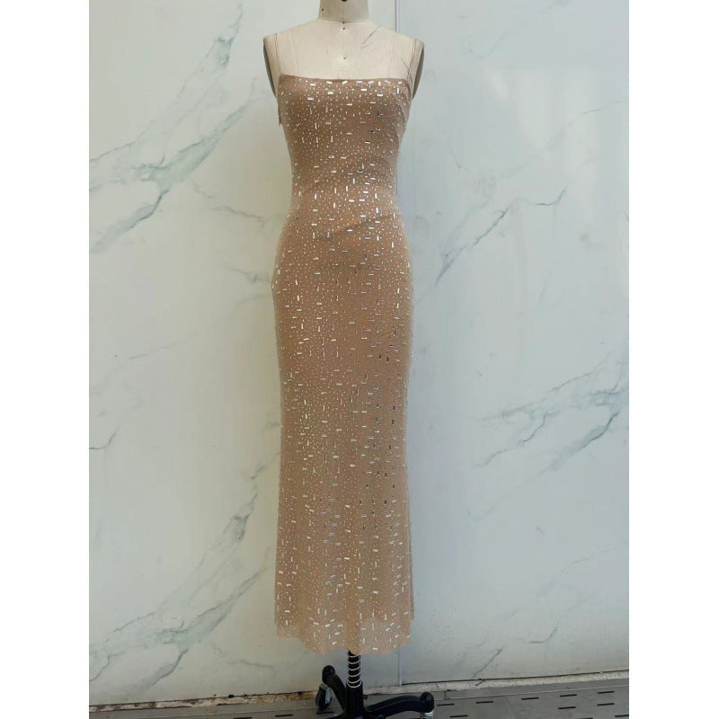 Elegant Nude & Black Sequin Spaghetti Strap Dress - High-End Luxury Slim Fit Long Dress For Parties, Birthdays & Special Occasions