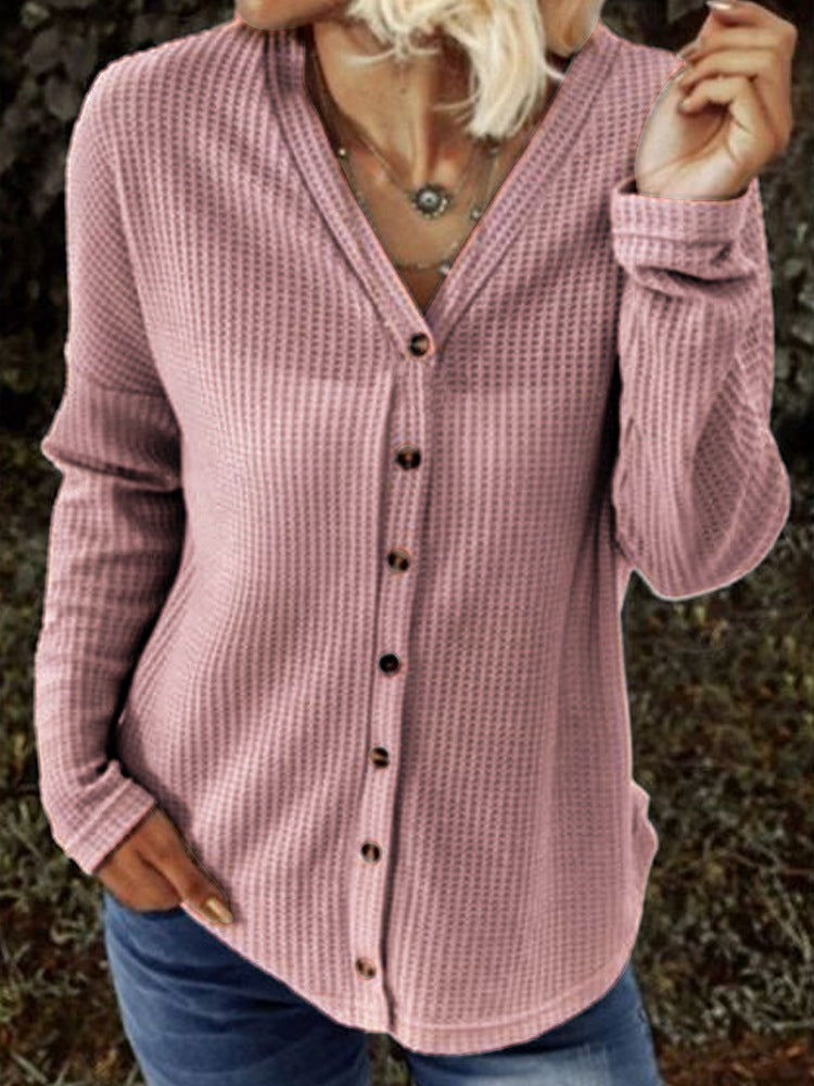 Women's Casual Loose Retro Long-sleeved Button Cardigan V-neck Solid Color Hollow Pattern Jacket