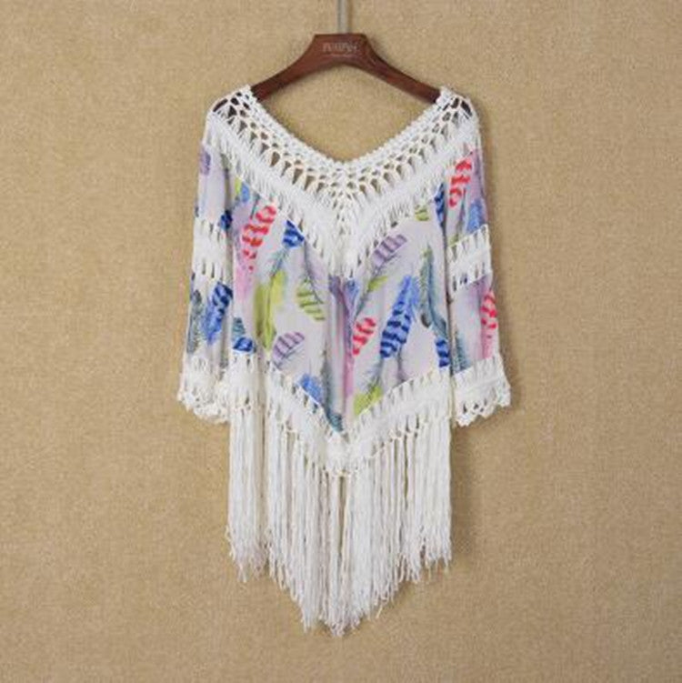 Printed Stitching Tassel Bikini Beach Shirt