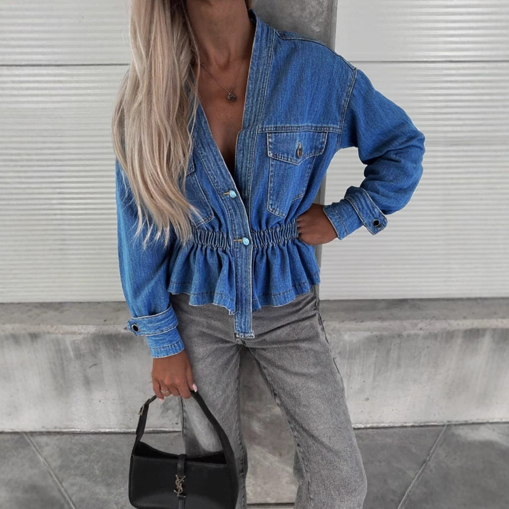 European And American Denim Jacket Women's Jacket Long Sleeve V-neck