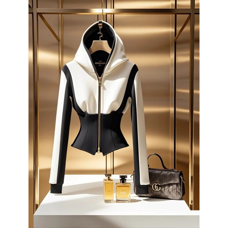Spring Unique Temperament Hoodie High-grade Black And White Contrast Color Sweatshirt Coat