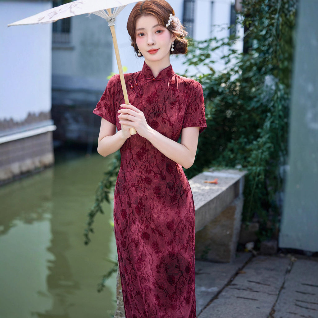 Wearable Flocking Red Small Flower Mid-length Cheongsam Women's Short Sleeve Retro