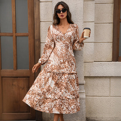 Deep V-neck Animal Print Dress Women