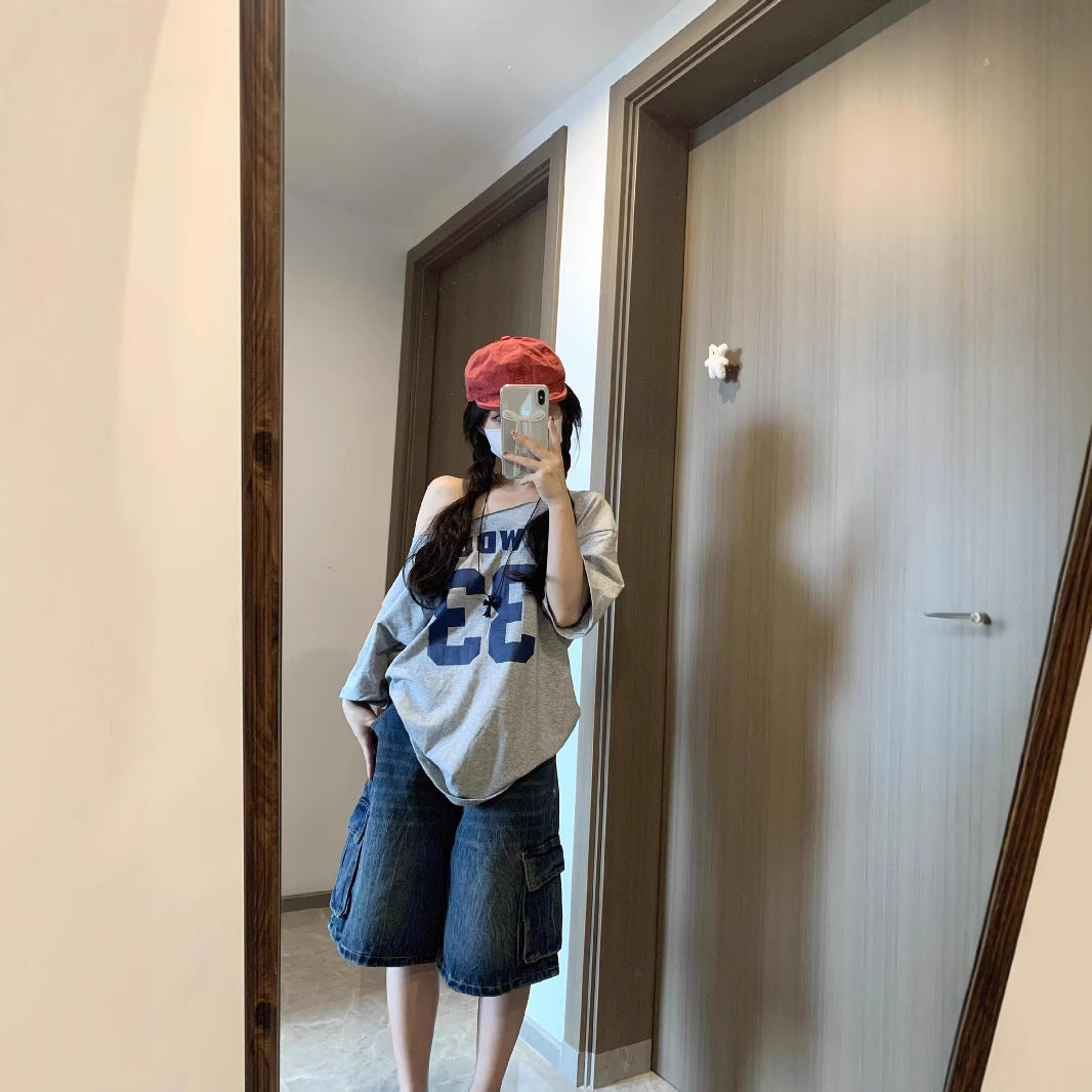 Pure Desire Sloping-shoulder Off The-shoulder Short Sleeve Loose And Simple Top