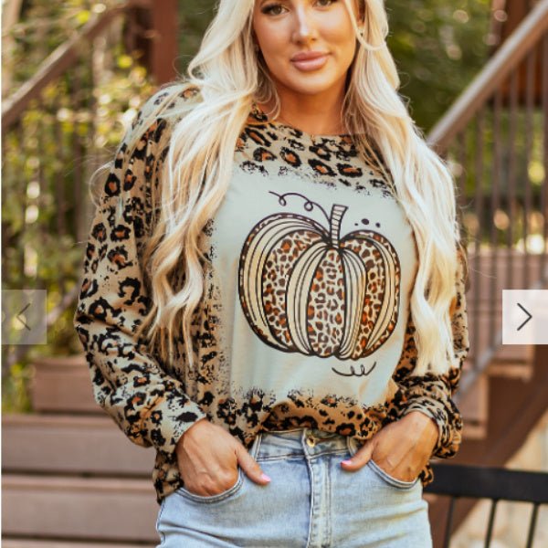 Brown Bleached Halloween Pumpkin Leopard Print Sweatshirt