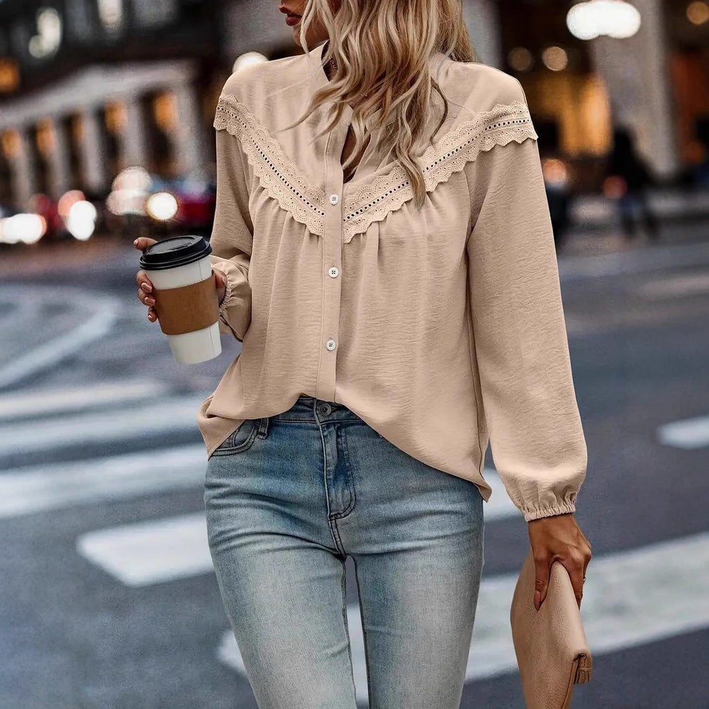 Commuter Lace Patchwork Ruffled Shirt Shirt Long Sleeve