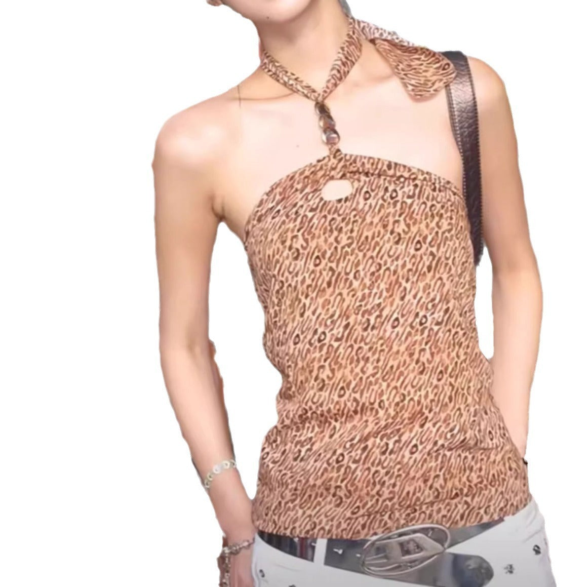 Halter Graceful Vest Leopard-print Slim-fit Off-the-shoulder Lace-up Top