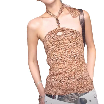 Halter Graceful Vest Leopard-print Slim-fit Off-the-shoulder Lace-up Top