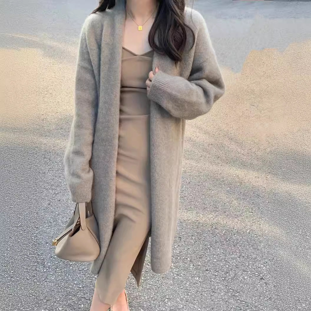 Women's Mid-length Knitted Cardigan V-neck Thickened Sweater Coat