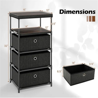 3-Drawer Fabric Storage Cabinet - Removable Foldable Drawers, Industrial Wood Top, Metal Frame With Anti-Tipping Kits