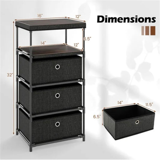 3-Drawer Fabric Storage Cabinet - Removable Foldable Drawers, Industrial Wood Top, Metal Frame With Anti-Tipping Kits