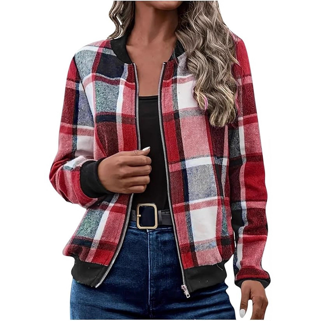 Temperament Commute Women's Plaid Zipper Baseball Uniform