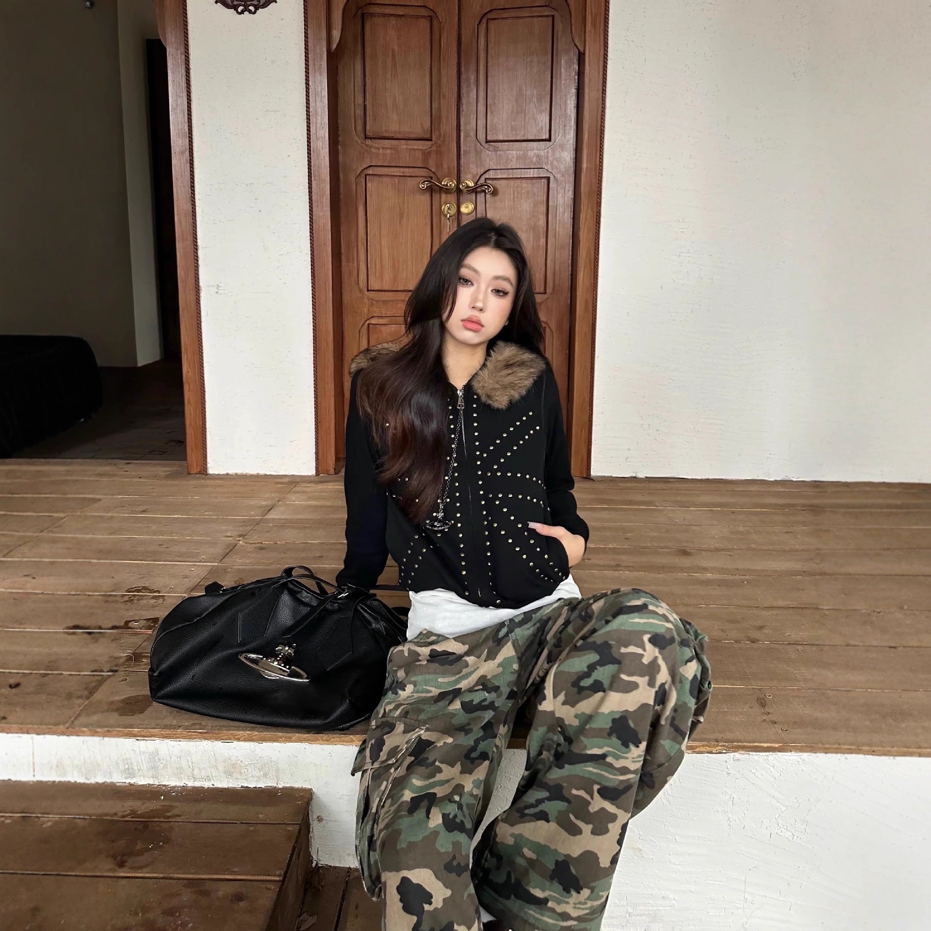 Women's Casual Loose Retro M Fur Collar Hood Bathroom Coat